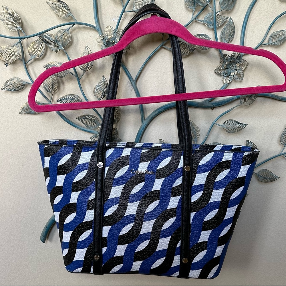 Calvin Klein blue, black and white tote bag with abstract print
